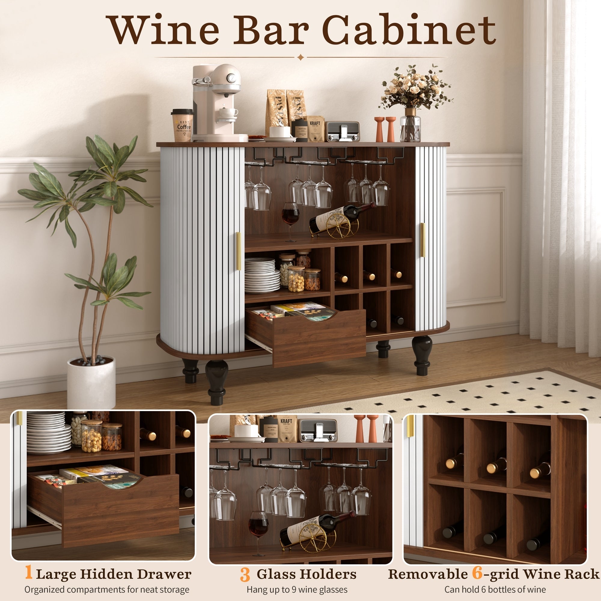 39' Fluted Liquor & Coffee Bar Cabinet with 6 Wine Racks and 3 Glass Holders, Mid-Century Modern Bar Cabinet with A Large Storage Drawer ,4 Hidden Storage Space on the Side , Black