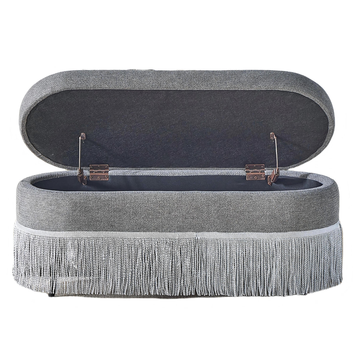 Oval Upholstered Storage Ottoman with Fringe Trim & Lift-Top Lid - 39'L x 16'W x 17'H, Multi-Functional Footrest & Hidden Storage for Living Room or Bedroom - Beige Fabric with Metal Frame