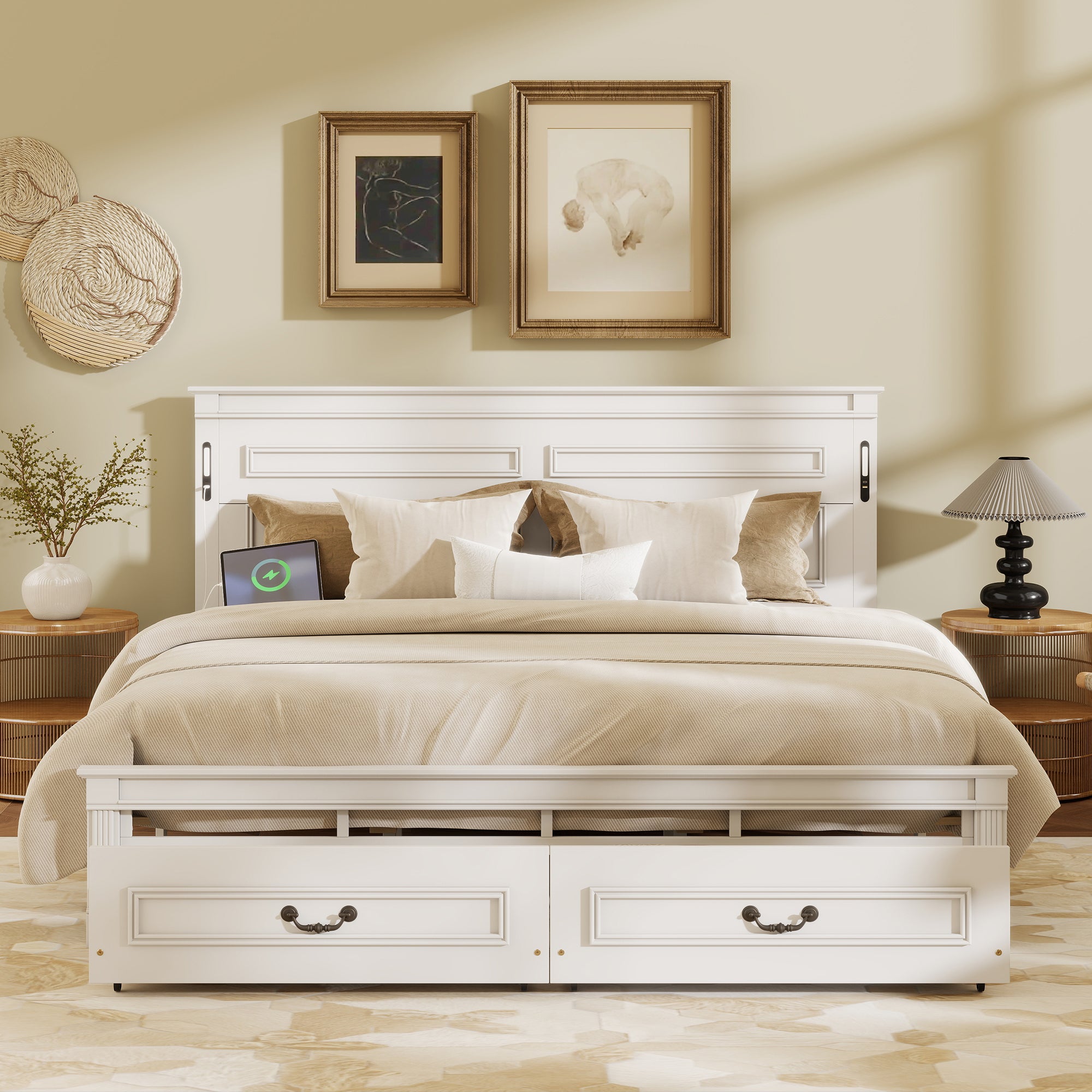 King Size Bed with Tall-Panel Headboard & Footboard, 2 Storage Drawers, Built-in LED Lights, USB Charging Station, Pinewood Bed with Strengthened Bed Frame ,White