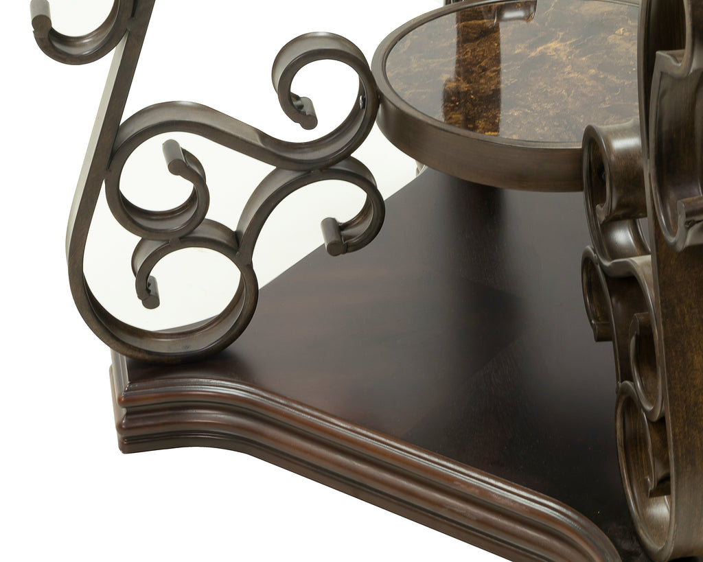 Ornate metal leg end table serpentine scroll design detail