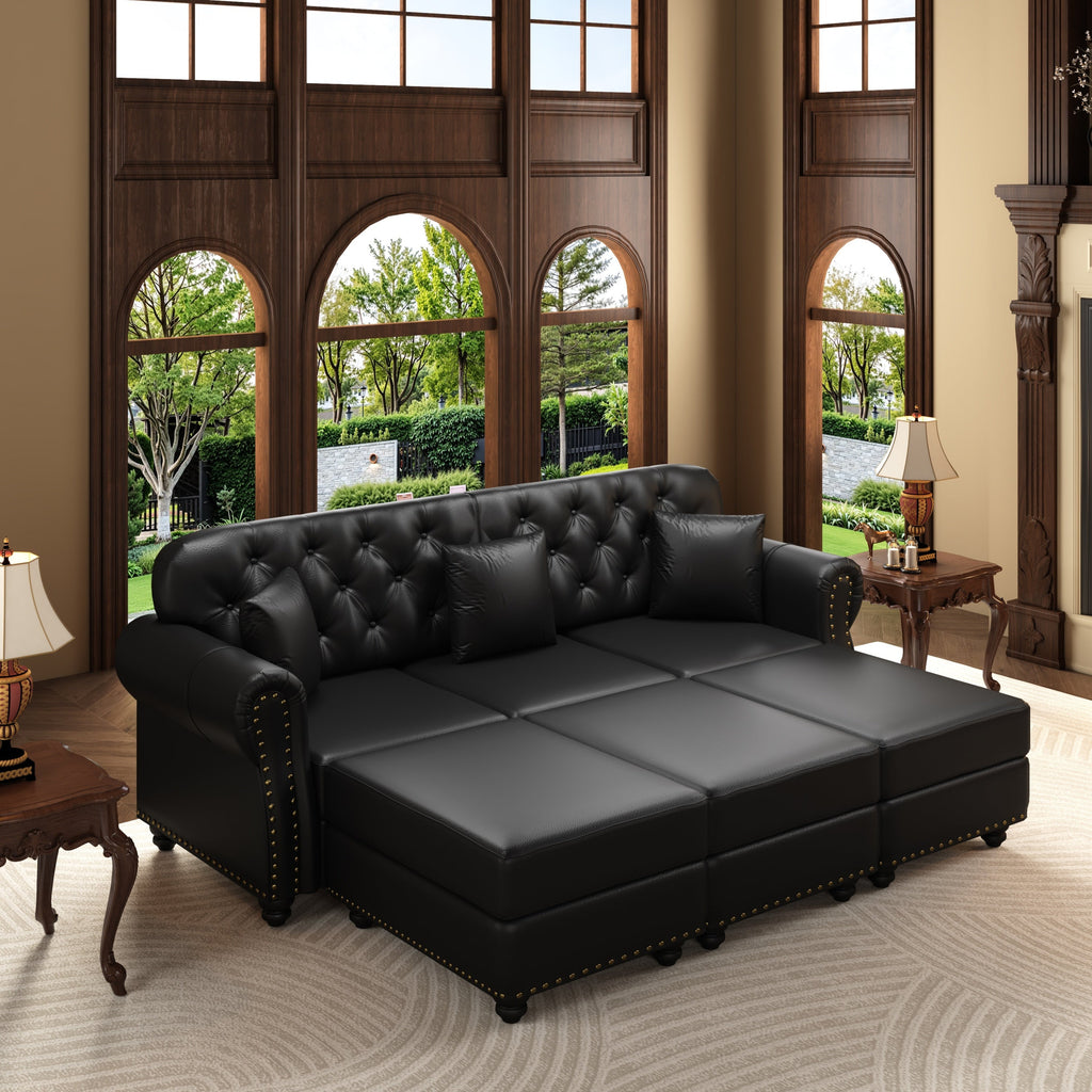 82.6'Upholstered Faux Leather Sofa with Nailhead Trim and Rolled Armrests,Mid-Century Modern Chesterfield Sofa with Button Tufted,Includes 3 Pillows,Black