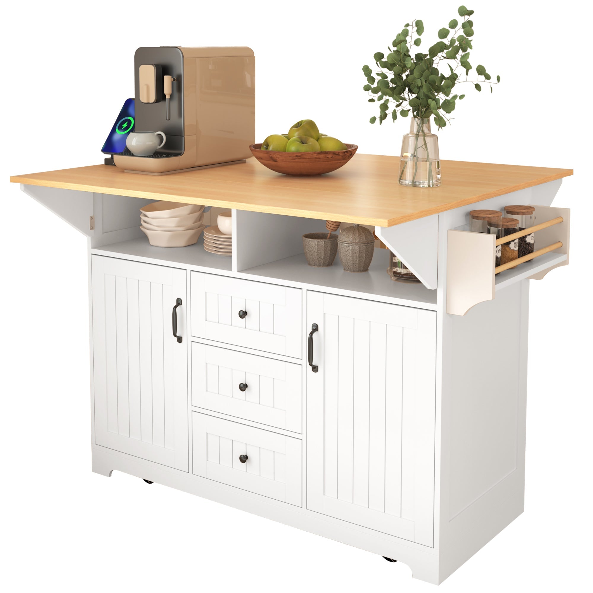 K&K 55.7'' Large Kitchen Island with 2 Drop Leaf,, Rolling Kitchen Cart on 5 Wheels with Power Outlet, Folding Storage Dining Table with Spice & Towel Rack , 3 Drawers, for Kitchen, Dining Room,Black