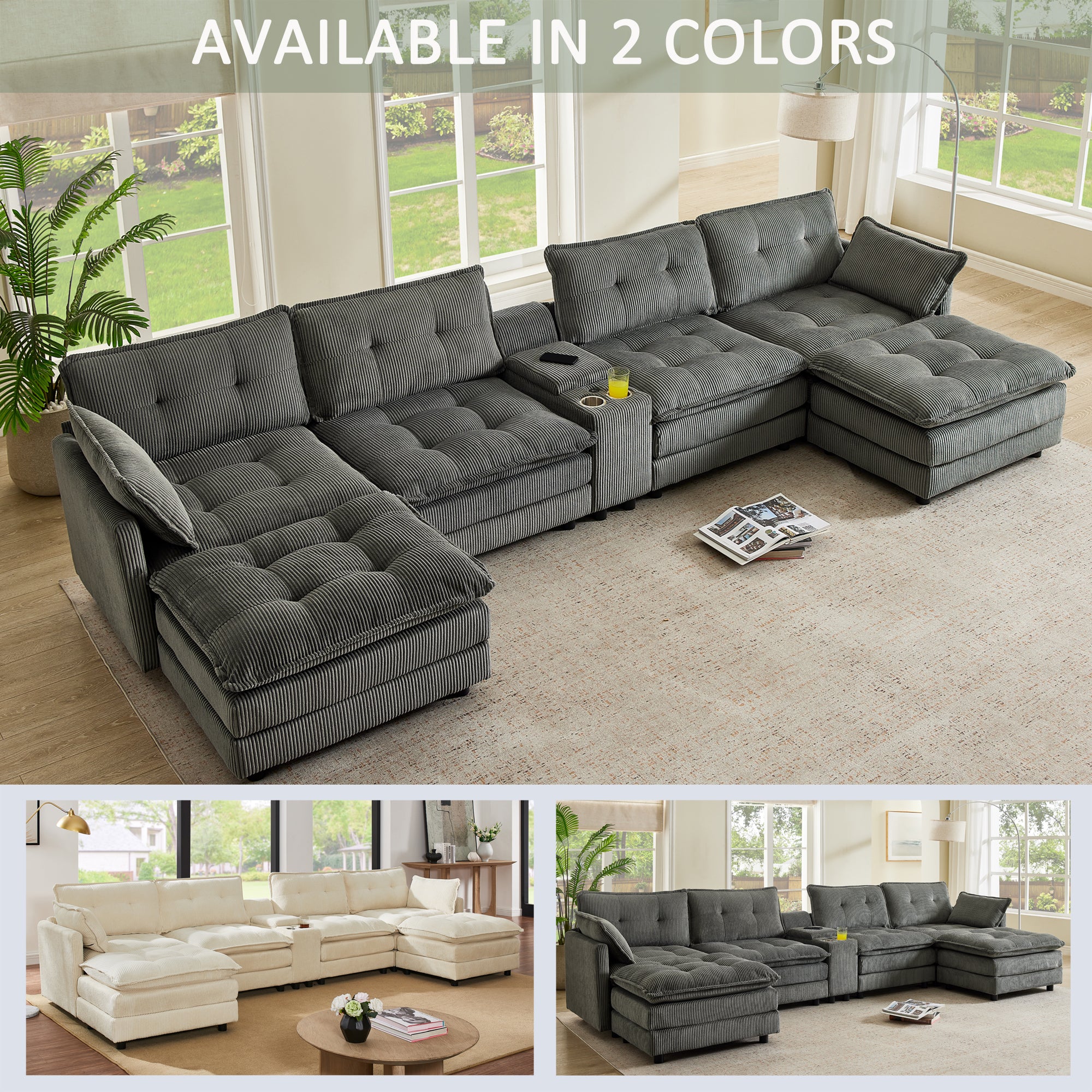 Oversized gray U-shaped cloud couch 6-seat living room placement