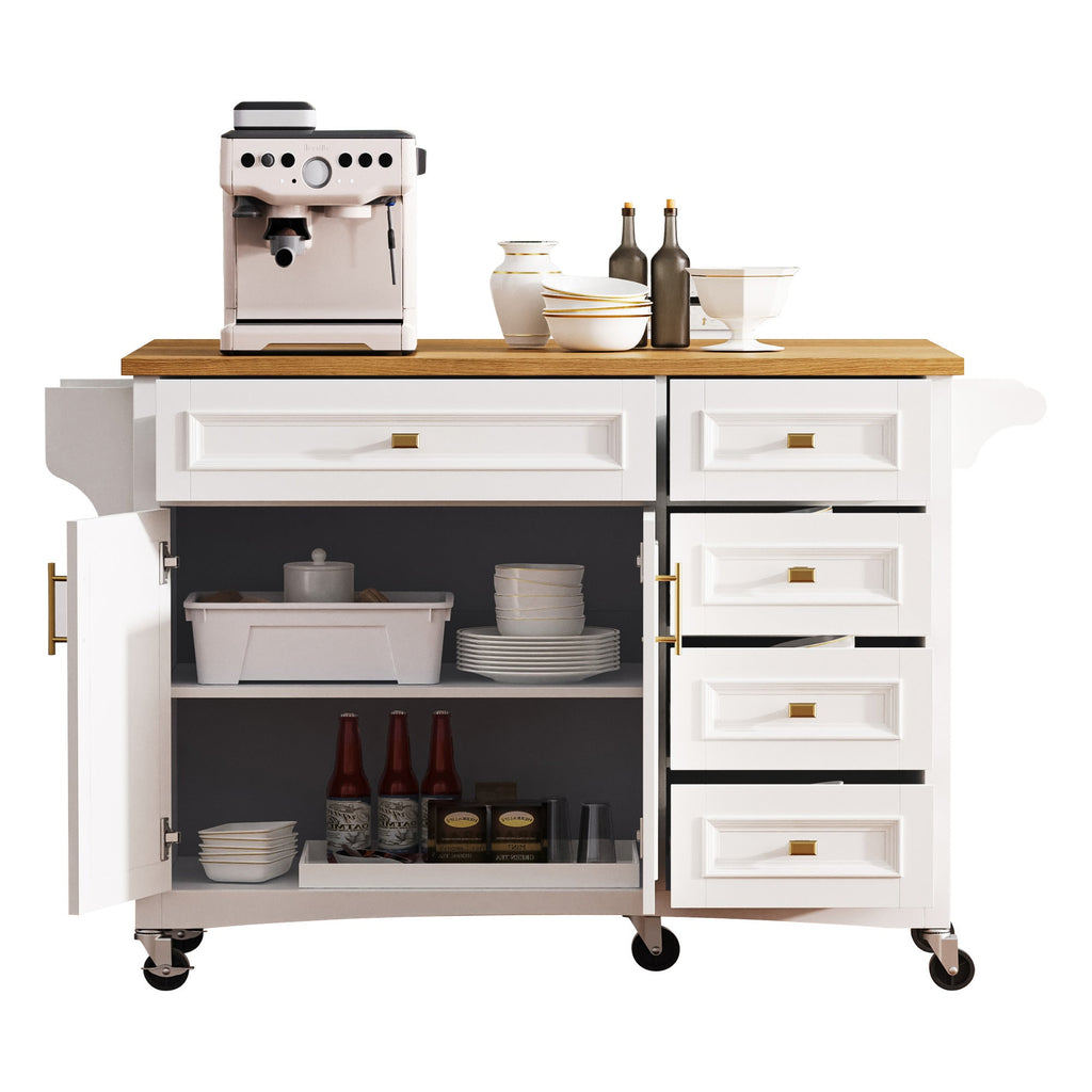 K&K 52'' Kitchen Island with Drop Leaf, Embossed Texture Kitchen Island on Wheels with Spice Rack, Towel Rack, 2 Doors and 5 Drawers, Kitchen Storage Cart with Adjustable Shelf for Kitchen, Blue Grey