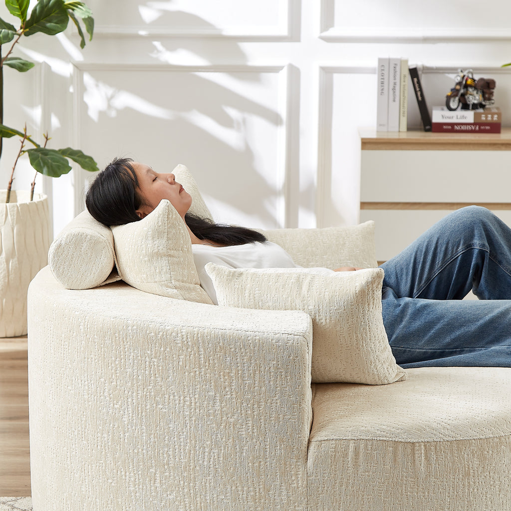 Beige chenille accent chair lifestyle photo