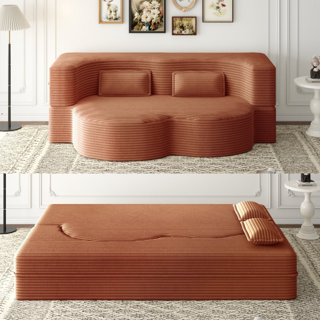 Modern Floor Sofa with 2 Pillows, Convertible Plush Corduroy Foam-Filled Sleeper Sofa Bed,15 ' Full Size Folding Mattress for Living Room, Guest Bed, no assembly required, Light Grey