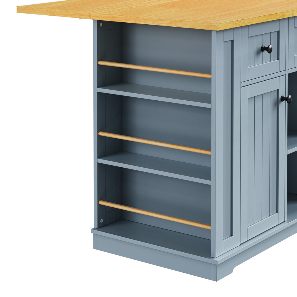 K&K 53inch Large Kitchen Island with Drop Leaf,Power Outlet,Door Internal Storage Rack,Rolling Kitchen Cart on 5 Wheels with 5 Open Side Racks for Kitchen,Black(Two Packages)(Stools not included)