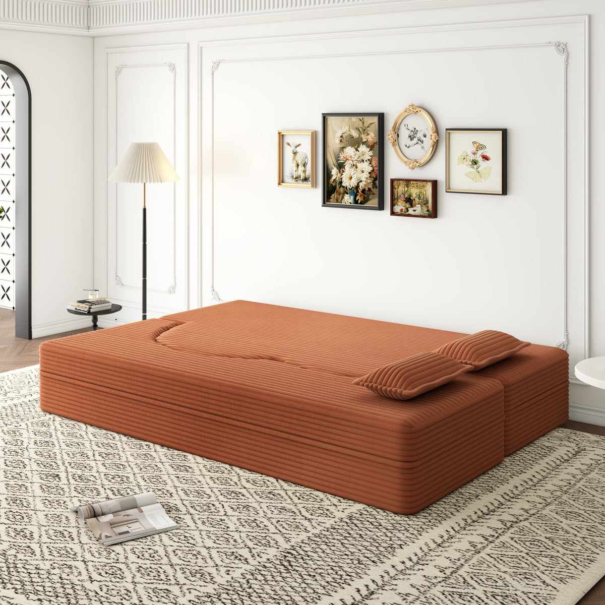 Modern Floor Sofa with 2 Pillows, Convertible Plush Corduroy Foam-Filled Sleeper Sofa Bed,15 ' Full Size Folding Mattress for Living Room, Guest Bed, no assembly required, Light Grey