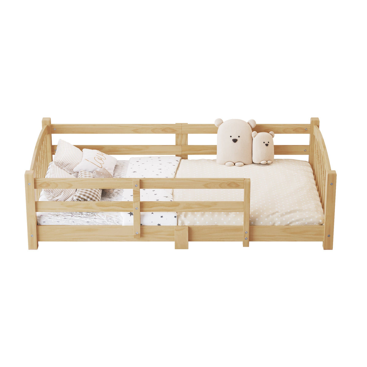 Twin Montessori Floor Bed with Slats and Safety Guardrails, Solid Wood Floor Bed with Fence and Without Door, Easy Assemble Montessori Bed for Girls and Boys, Gray
