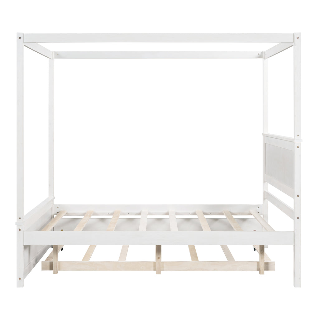 White canopy bed frame with top rails for curtains