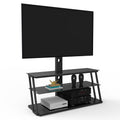 Black adjustable swivel TV stand with tempered glass shelves — front view