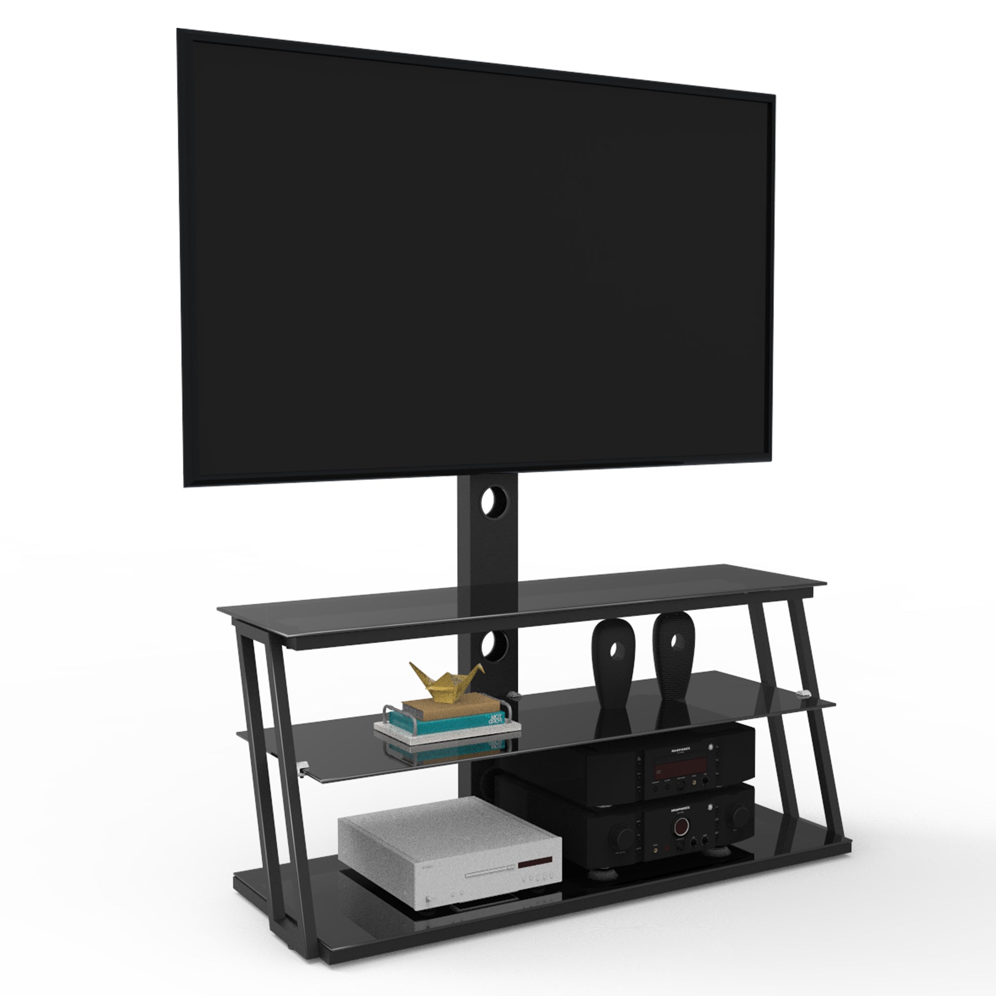 Black adjustable swivel TV stand with tempered glass shelves — front view