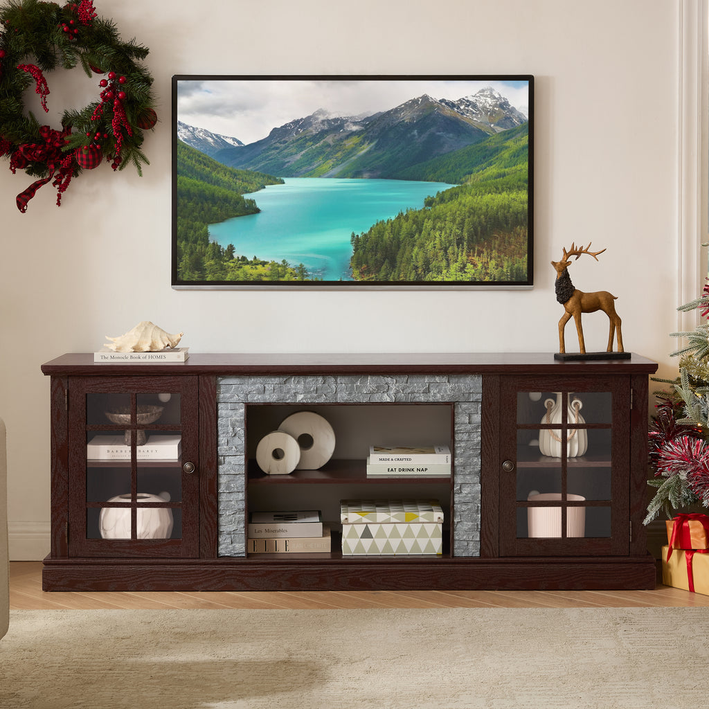 70' Modern TV Stand with 2-Door Storage, Faux Stone Media Console Cabinet, Cherry Large Entertainment Center for Living Room