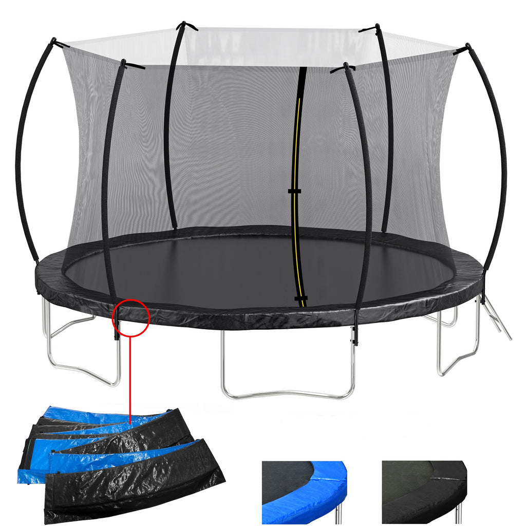 Black 14-foot trampoline with curved safety poles — front view