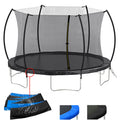 Black 14-foot trampoline with curved safety poles — front view