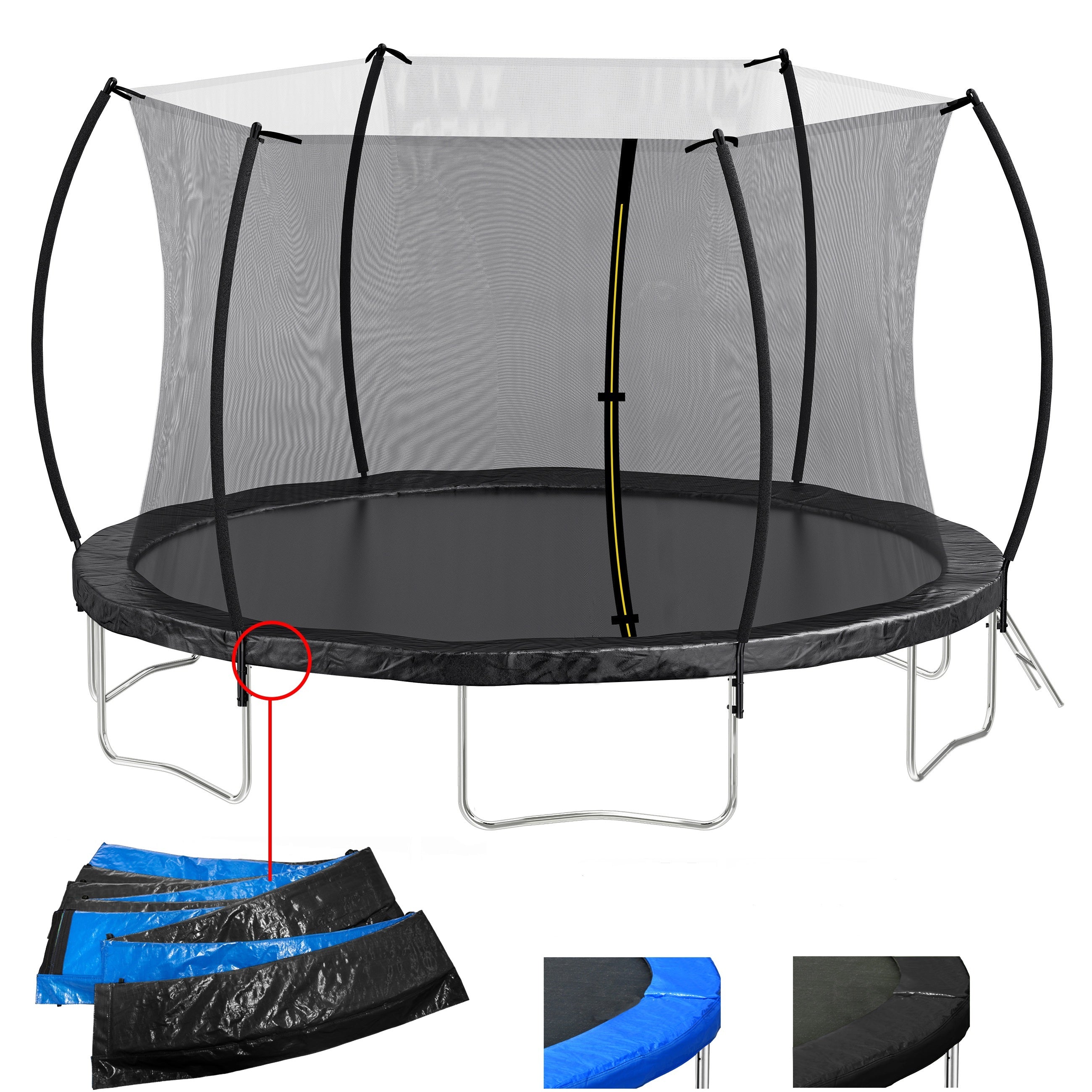 Black 14-foot trampoline with curved safety poles — front view