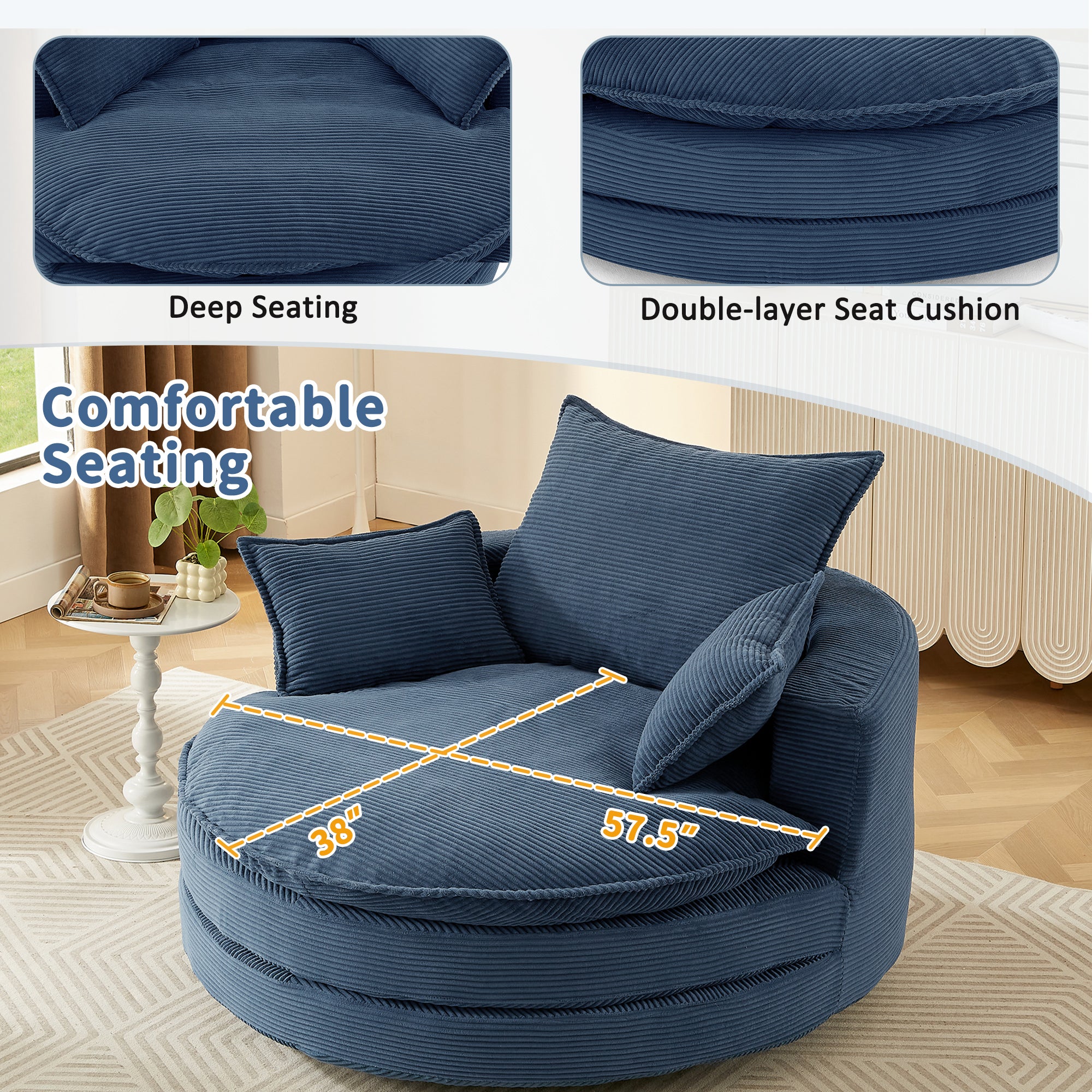 Navy blue barrel chair large back pillow and lumbar cushions