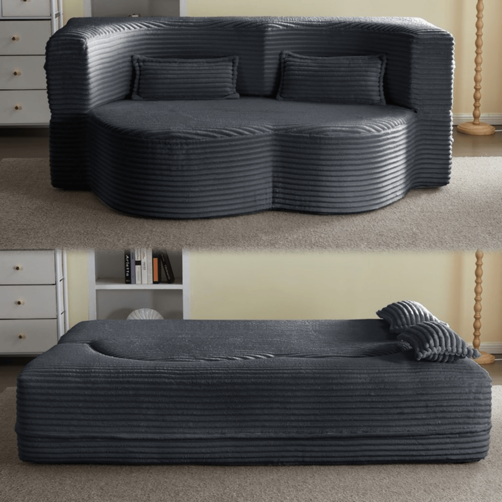 Modern Floor Sofa with 2 Pillows, Convertible Plush Corduroy Foam-Filled Sleeper Sofa Bed,15 ' Full Size Folding Mattress for Living Room, Guest Bed, no assembly required, Light Grey