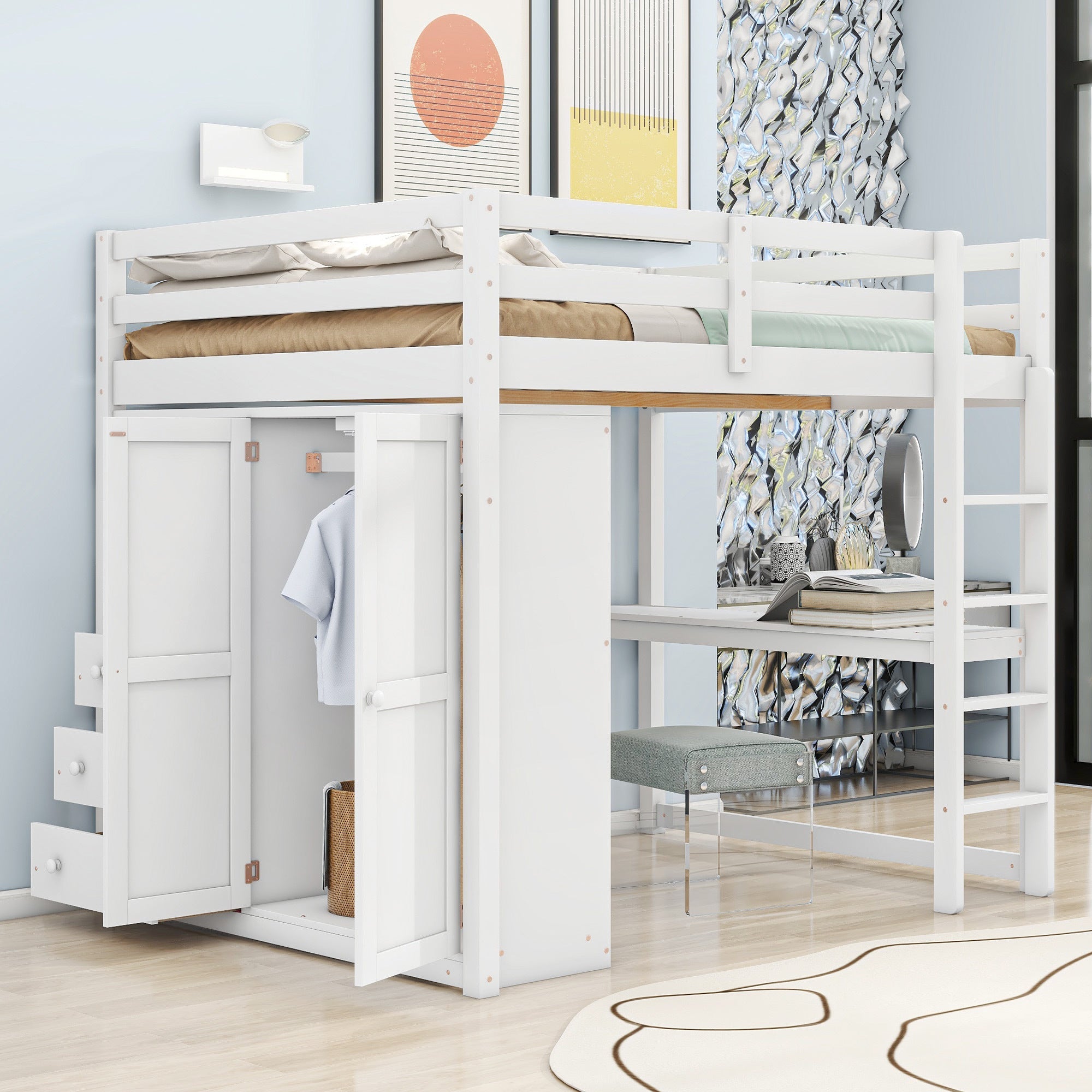 Full Size Loft Bed with Wardrobe, Desk & Storage Drawers — Pine Wood