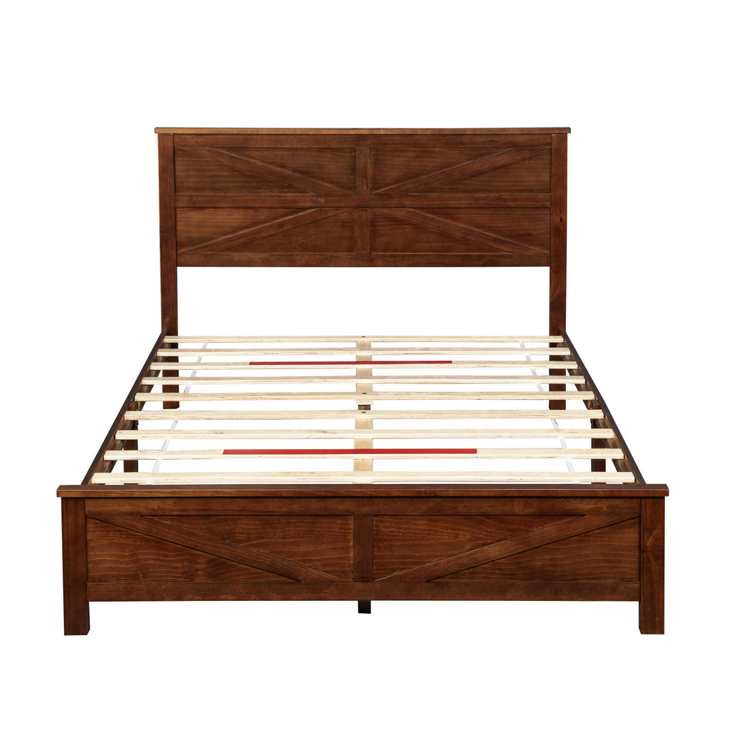 Farmhouse Style Queen Size Bed with Barn Door Designed Headboard and Footboard, Pinewood Bed with Strengthened Bed Frame ,White