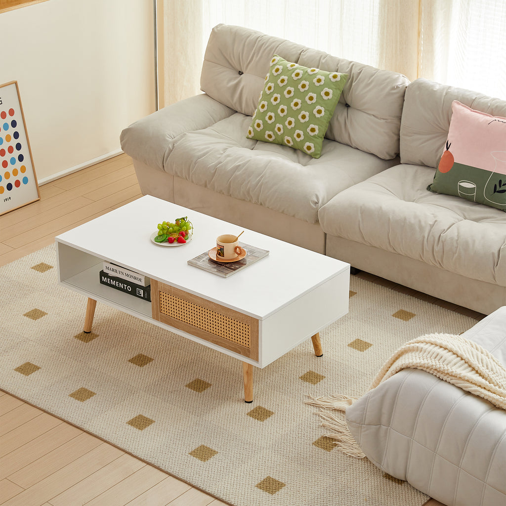 Sliding rattan door coffee table storage compartment open