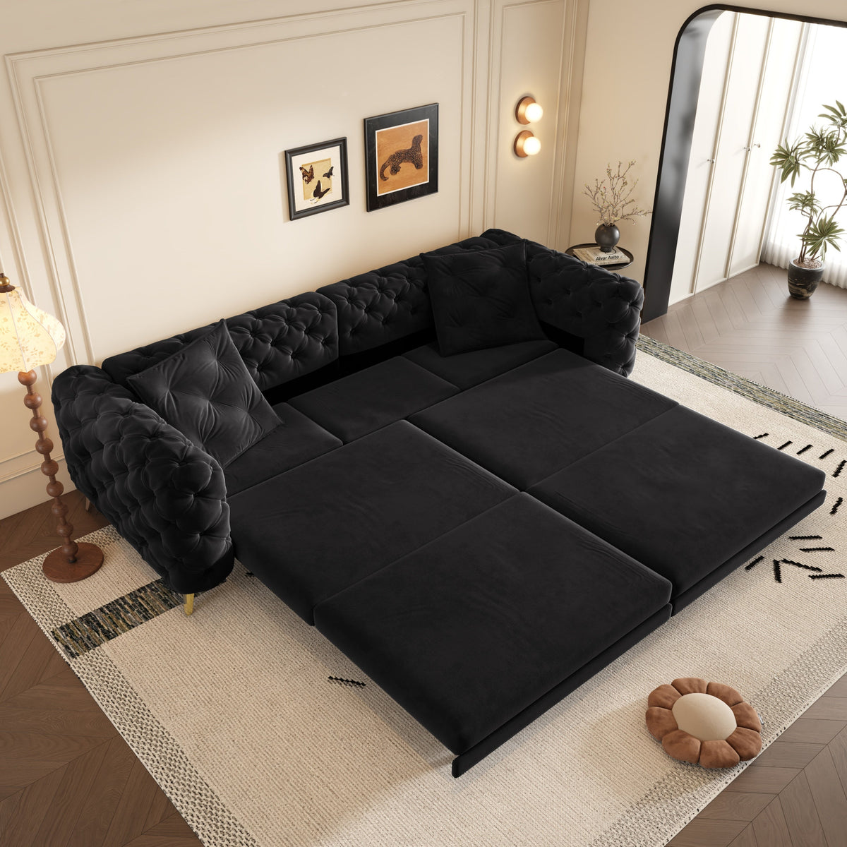97.7' 3-in-1 Convertible Sleeper Sofa, 28.4' Deep Seat Pull Out Sofa Bed,Button Tufted Modern Sofa, 4-Seater Couch with Movable Ottoman for Apartment, Office, Bedroom,Beige/White