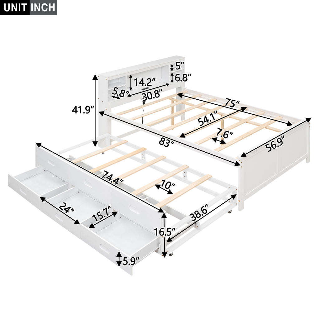 Platform bed with storage shelves and twin trundle — side view