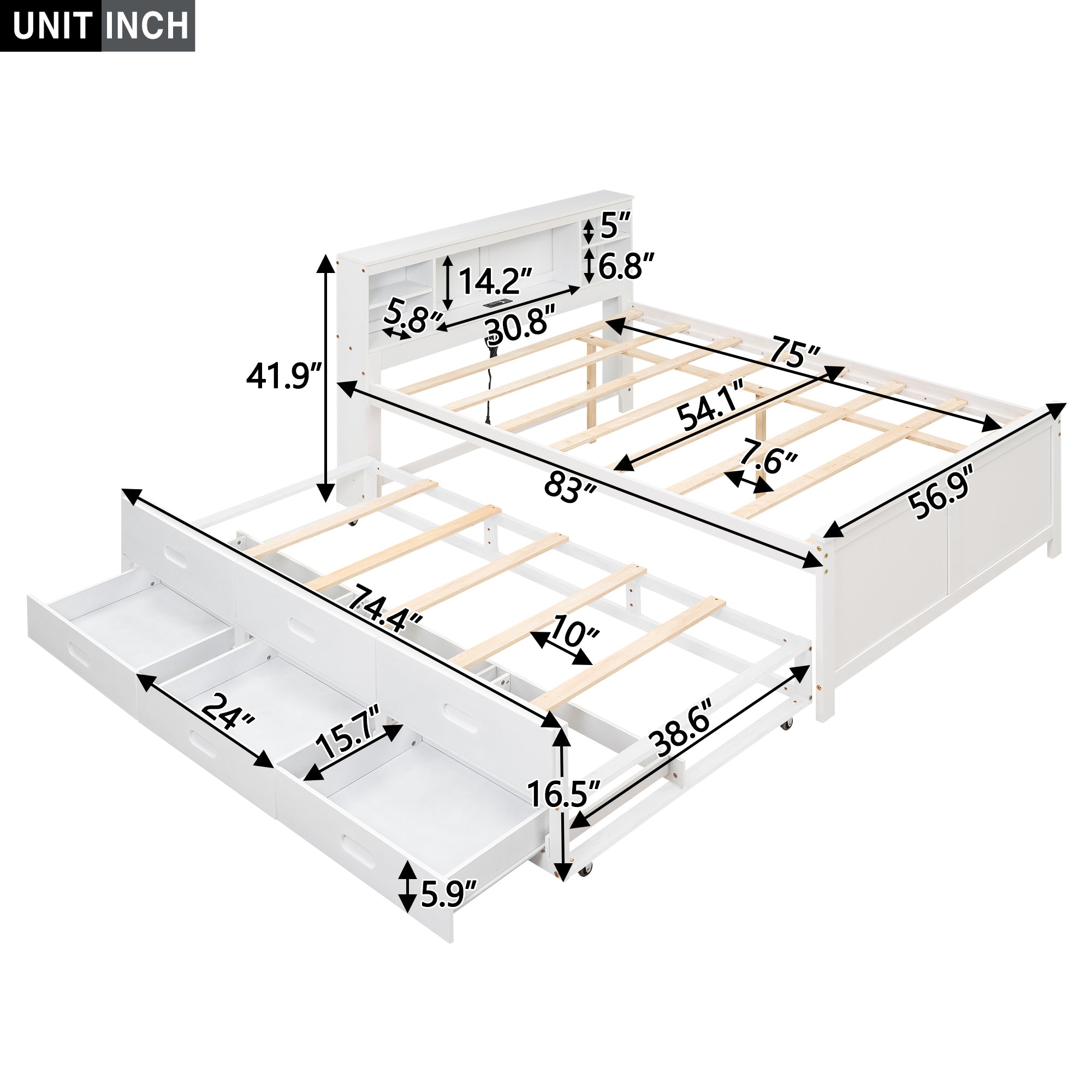 Platform bed with storage shelves and twin trundle — side view