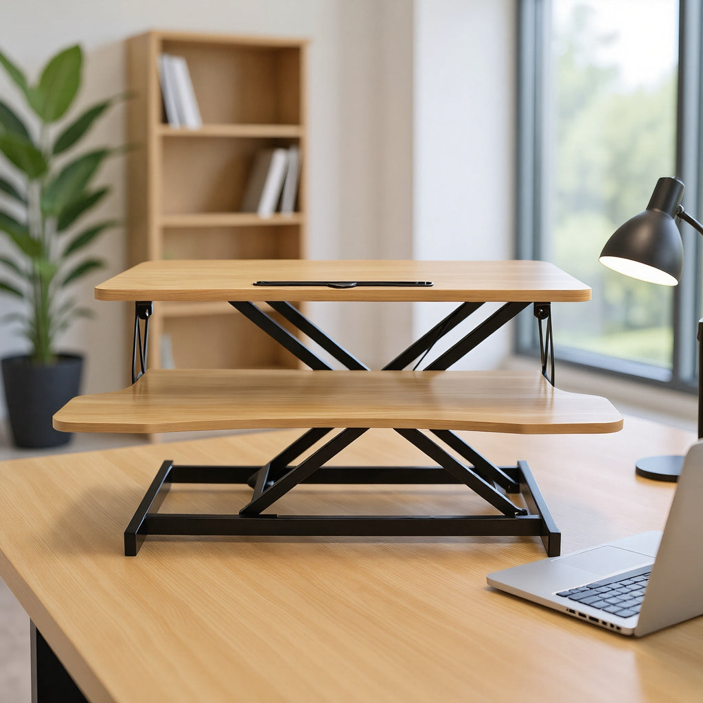 32 Inch Desk Converter, Height Adjustable Sit to Stand Riser, Dual Monitor and Laptop Workstation with Wide Keyboard Tray, Walnut Color