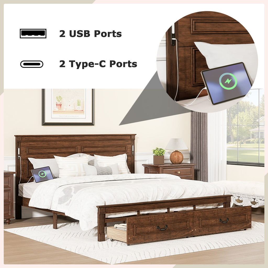 King Size Bed with Tall-Panel Headboard & Footboard, 2 Storage Drawers, Built-in LED Lights, USB Charging Station, Pinewood Bed with Strengthened Bed Frame ,White