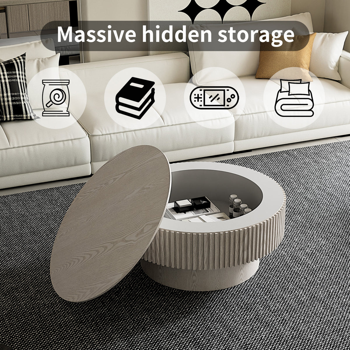 31.5'' Round Coffee Table with Storage Solid Wood Veneered Modern Coffee Table Accent Tea Table for Living Room, Bedroom, Apartment or Office, Grey