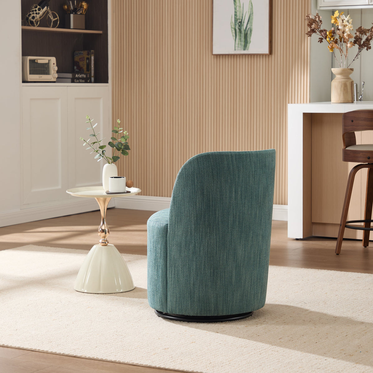 Set Of 1 Upholstered Kitchen & Dining Room Barrel Chair, Mid Century Modern Round Linen Dining Chair, 360 Degree Swivel Comfy Armless Accent Makeup Vanity Side Chair for Bedroom Living Room