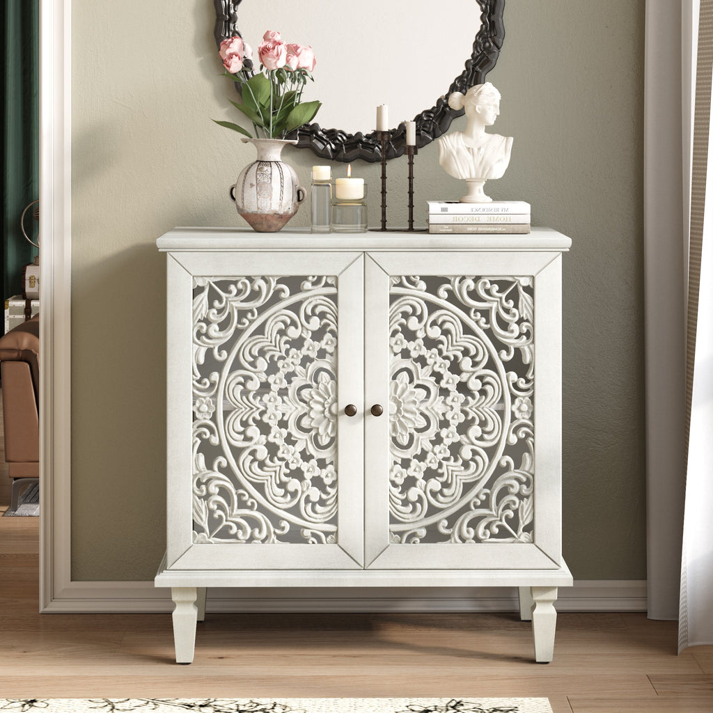 Vintage Hollow-Carved Accent Cabinet, 2-Door Display Storage Sideboard with Symmetrical Floral Design, Adjustable Shelf and Solid Wood Legs for Living Room Entryway(Antique Green)