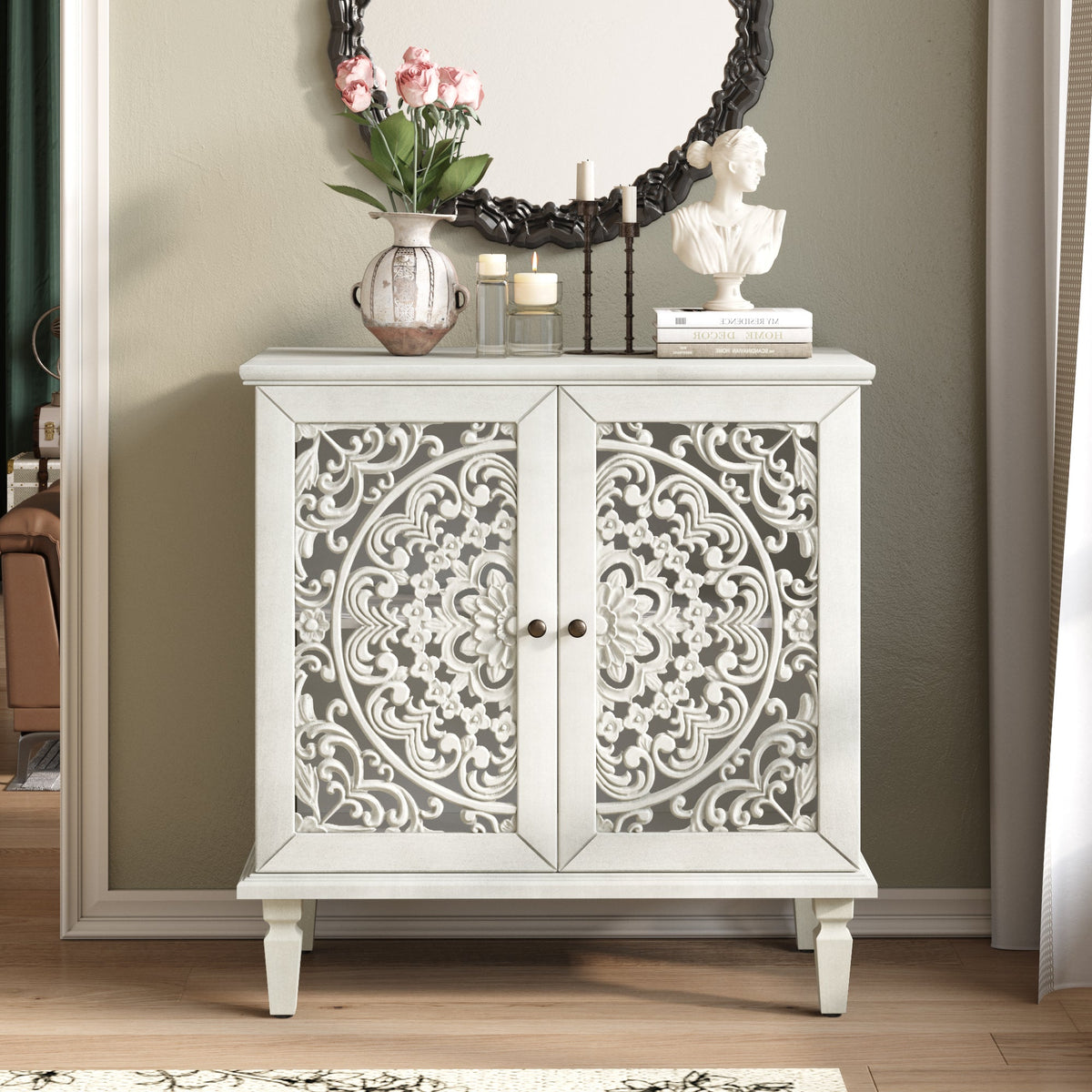 Vintage Hollow-Carved Accent Cabinet, 2-Door Display Storage Sideboard with Symmetrical Floral Design, Adjustable Shelf and Solid Wood Legs for Living Room Entryway(Antique Green)