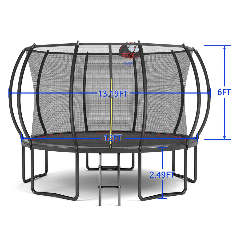 Black and red pumpkin-style outdoor trampoline with safety enclosure net and ladder