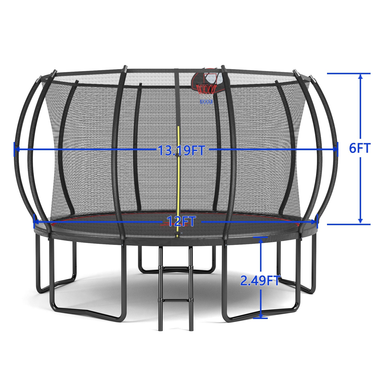 Black and red pumpkin-style outdoor trampoline with safety enclosure net and ladder
