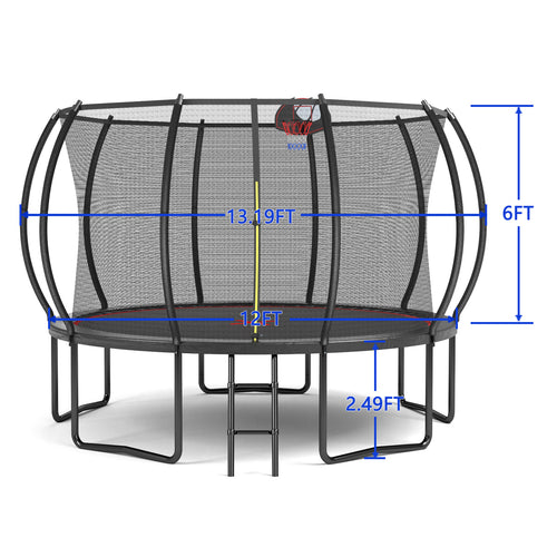 Black and red pumpkin-style outdoor trampoline with safety enclosure net and ladder