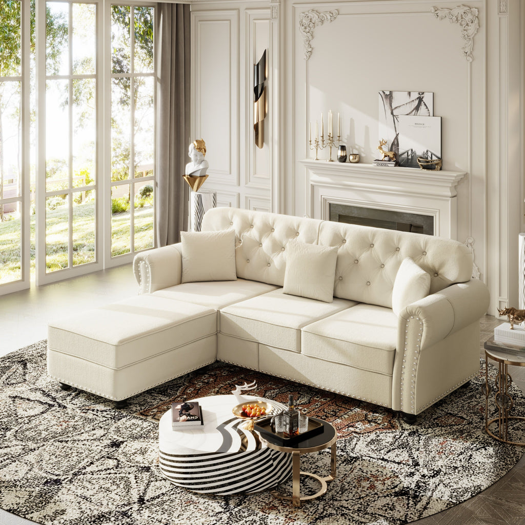 82.6'Upholstered Velvet Sofa with Nailhead Trim and Rolled Armrests,Mid-Century Modern Chesterfield Sofa with Button Tufted,Includes 3 Pillows,Burgundy
