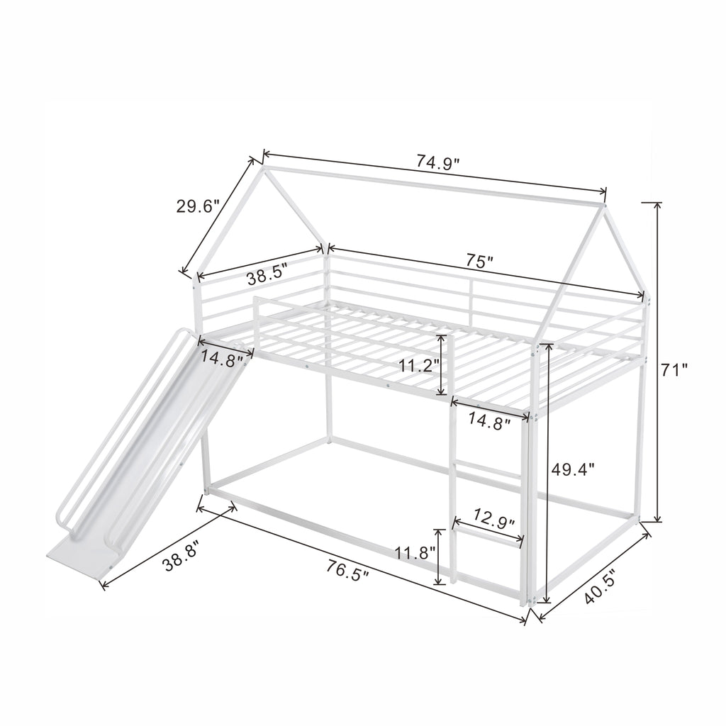 Twin house bunk bed built-in slide and ladder detail