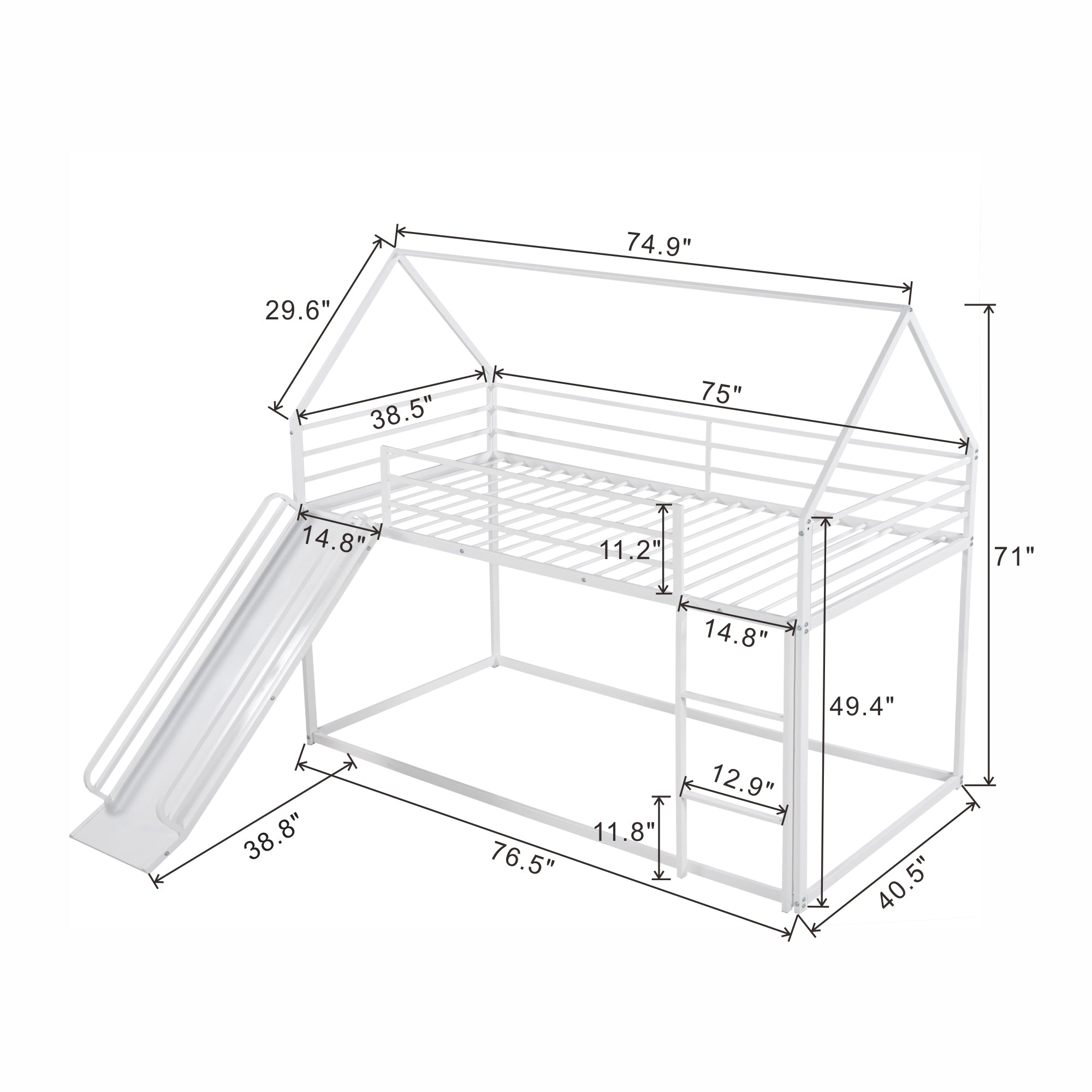 Twin house bunk bed built-in slide and ladder detail