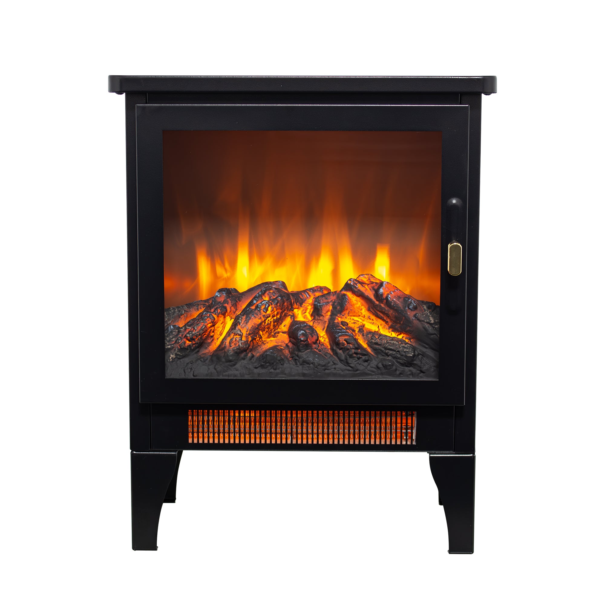 Matte black electric fireplace stove with glass door and gold latch detail