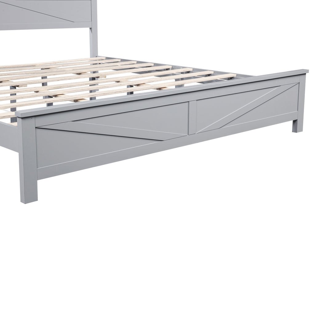 Farmhouse Style King Size Bed with Barn Door Designed Headboard and Footboard, Pinewood Bed with Strengthened Bed Frame,White