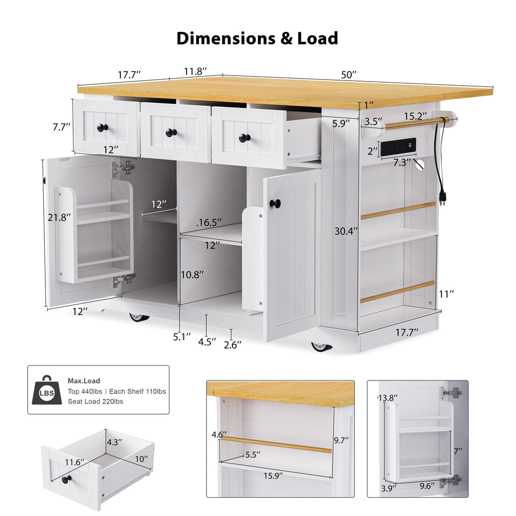 K&K 53inch Large Kitchen Island with Drop Leaf,Power Outlet,Door Internal Storage Rack,Rolling Kitchen Cart on 5 Wheels with 5 Open Side Racks for Kitchen,Black(Two Packages)(Stools not included)