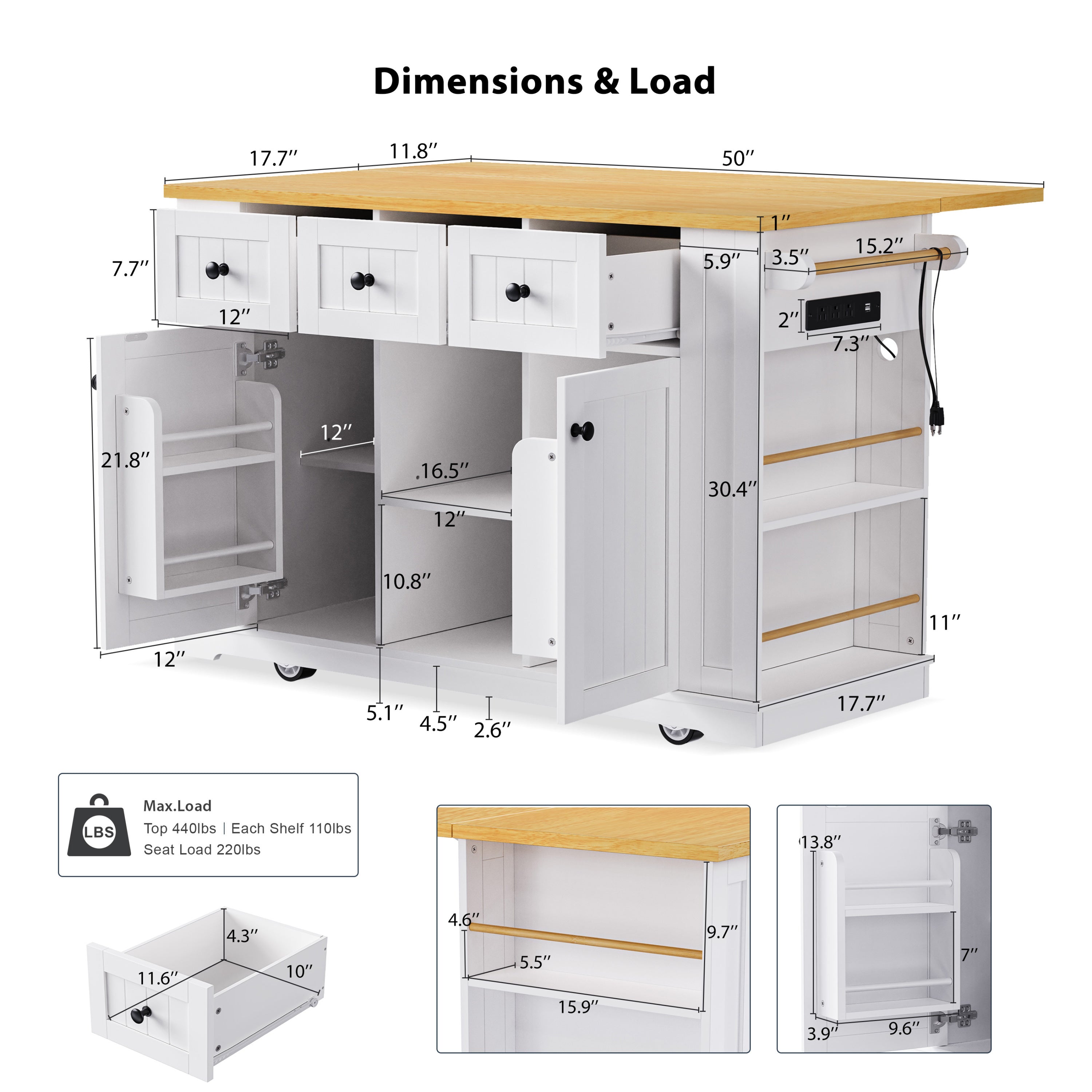 K&K 53inch Large Kitchen Island with Drop Leaf,Power Outlet,Door Internal Storage Rack,Rolling Kitchen Cart on 5 Wheels with 5 Open Side Racks for Kitchen,Black(Two Packages)(Stools not included)