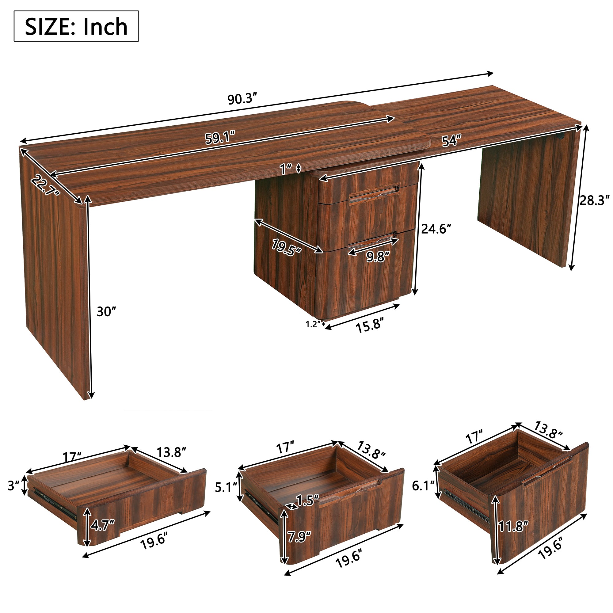 Walnut executive corner desk with rotating wood desktop