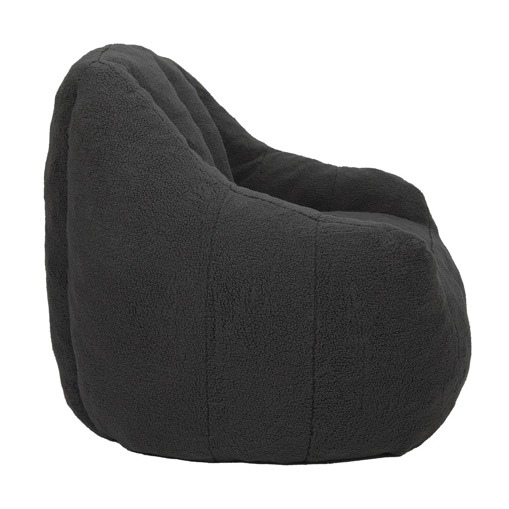 Ergonomic backrest on dark gray tufted bean bag chair