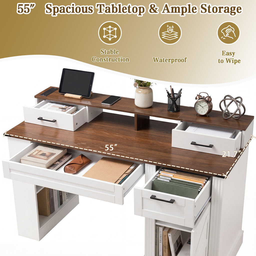 Farmhouse office desk monitor stand rail-free drawer design