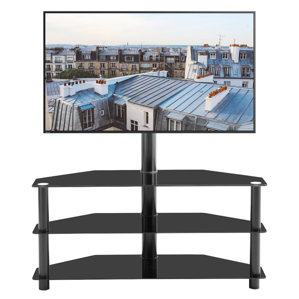 Black adjustable swivel TV stand with 3-tier tempered glass shelves — front view