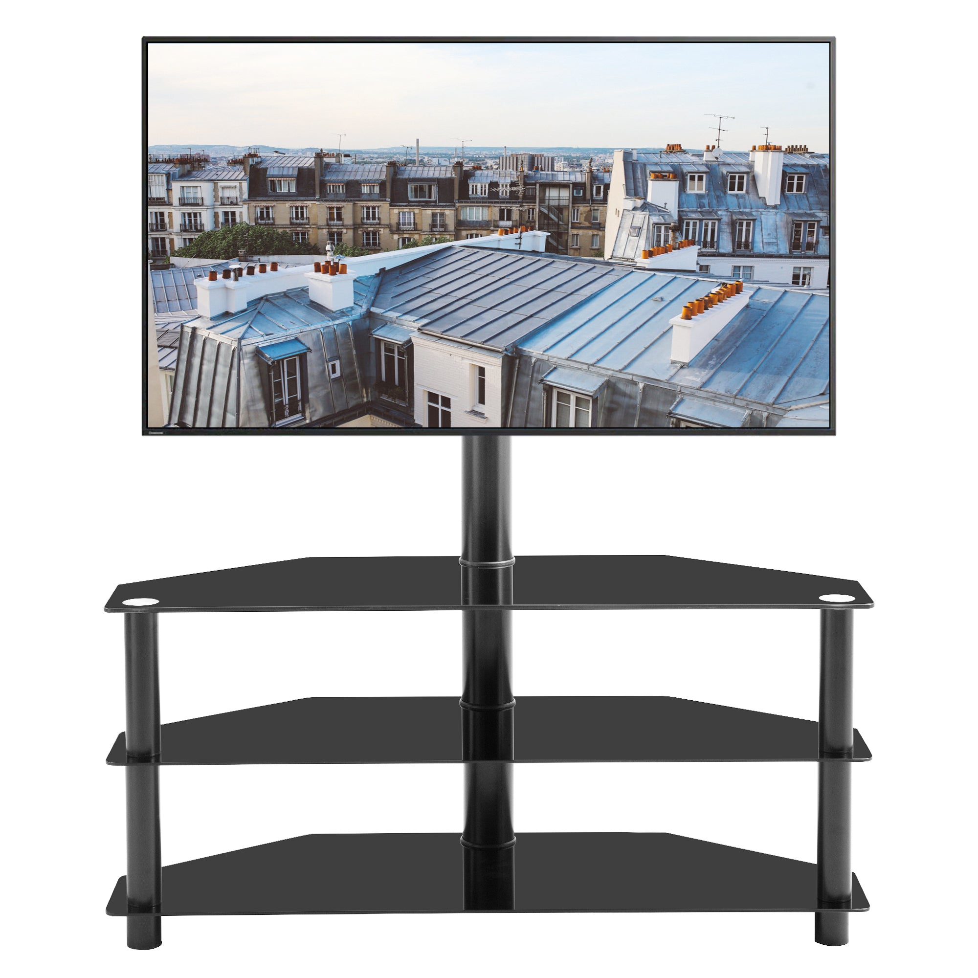 Black adjustable swivel TV stand with 3-tier tempered glass shelves — front view