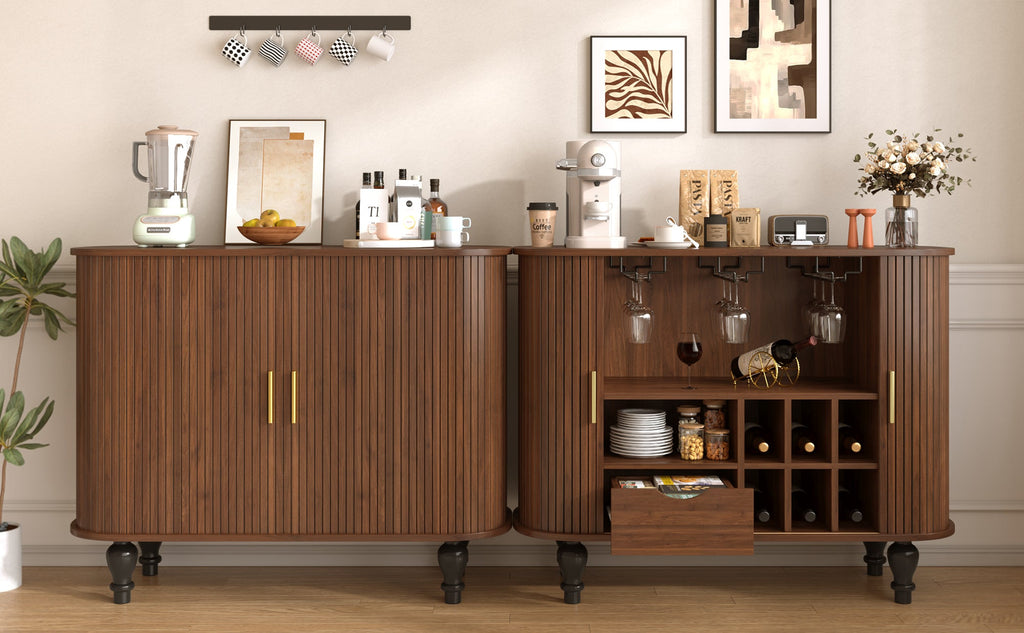 39' Fluted Liquor & Coffee Bar Cabinet with 6 Wine Racks and 3 Glass Holders, Mid-Century Modern Bar Cabinet with A Large Storage Drawer ,4 Hidden Storage Space on the Side , Black